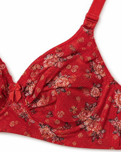 Crimson Floral Printed Ruched Non-Padded Bra