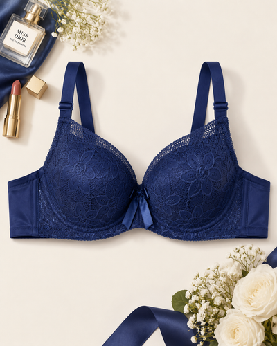 Navy Blue Floral Lace Bra