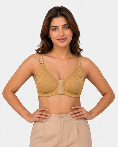 Beige Embroidered Cotton Full-Coverage Bra