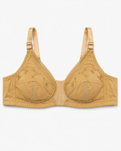 Beige Embroidered Cotton Full-Coverage Bra