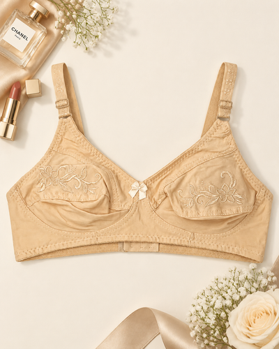 Beige Embroidered Cotton Everyday Bra