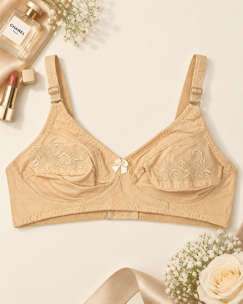 Beige Embroidered Cotton Everyday Bra