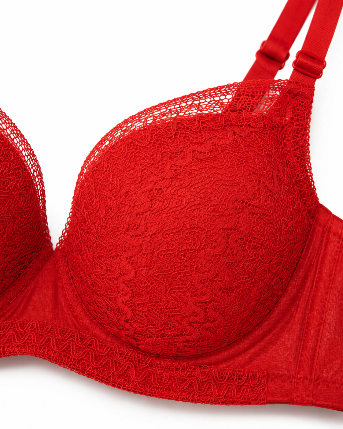 Crimson Red Textured Lace Overlay Padded Push-Up Bra