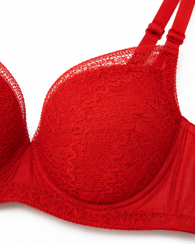 Crimson Red Textured Lace Overlay Padded Push-Up Bra