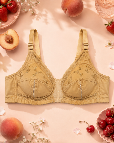 Beige Embroidered Cotton Full-Coverage Bra