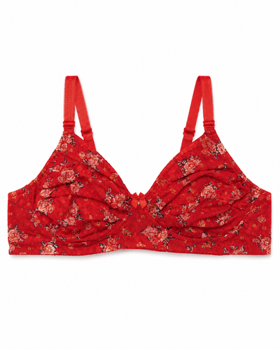 Crimson Floral Printed Ruched Non-Padded Bra