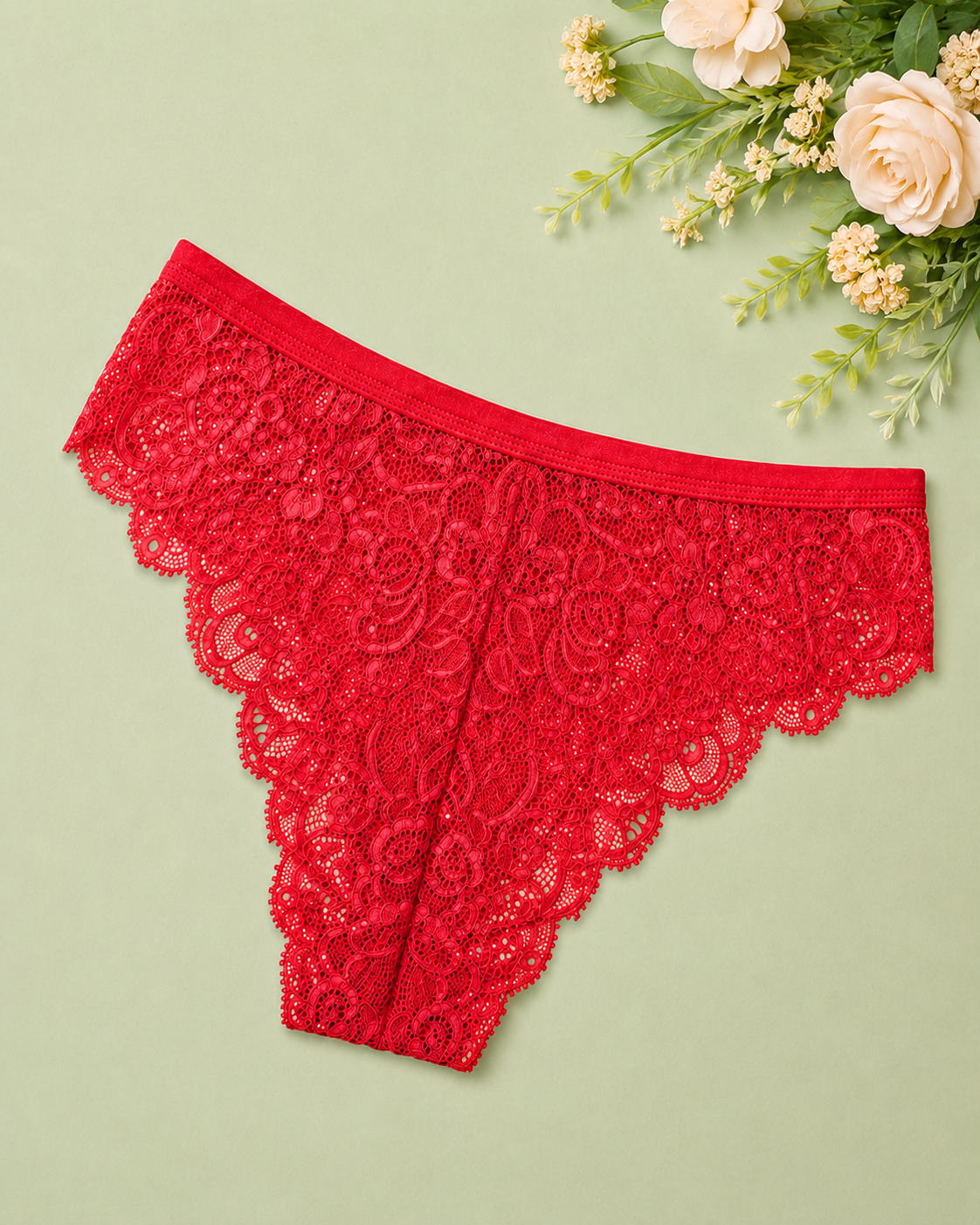 Red Scalloped Lace Mid-Rise Hipster Panty