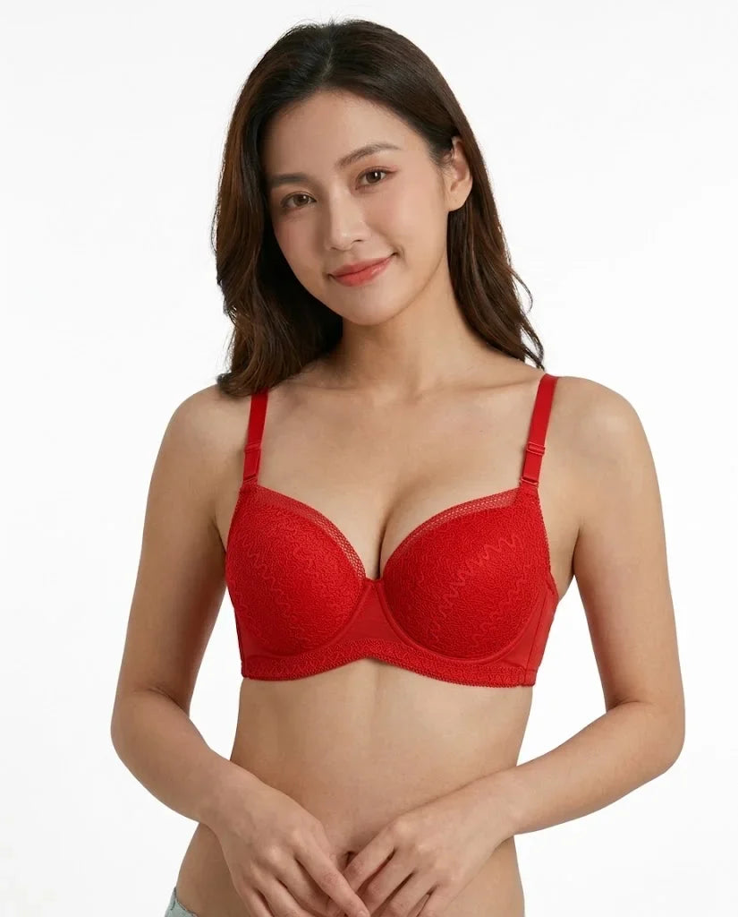 Crimson Red Textured Lace Overlay Padded Push-Up Bra