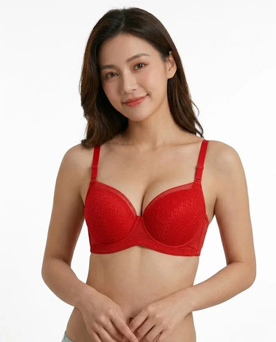 Crimson Red Textured Lace Overlay Padded Push-Up Bra