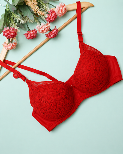 Crimson Red Textured Lace Overlay Padded Push-Up Bra