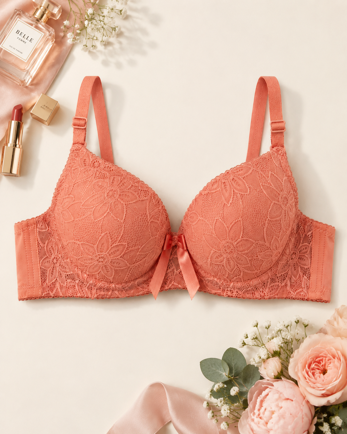 Peach Pink Floral Lace Bra