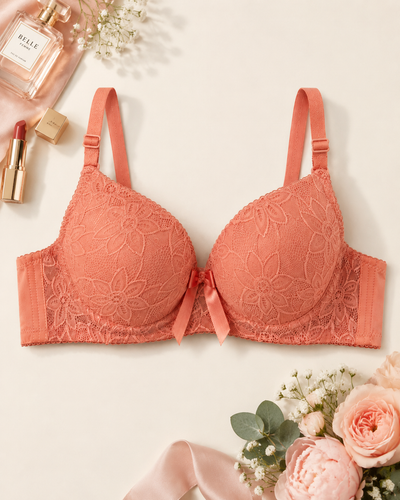 Peach Pink Floral Lace Bra