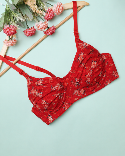 Crimson Floral Printed Ruched Non-Padded Bra