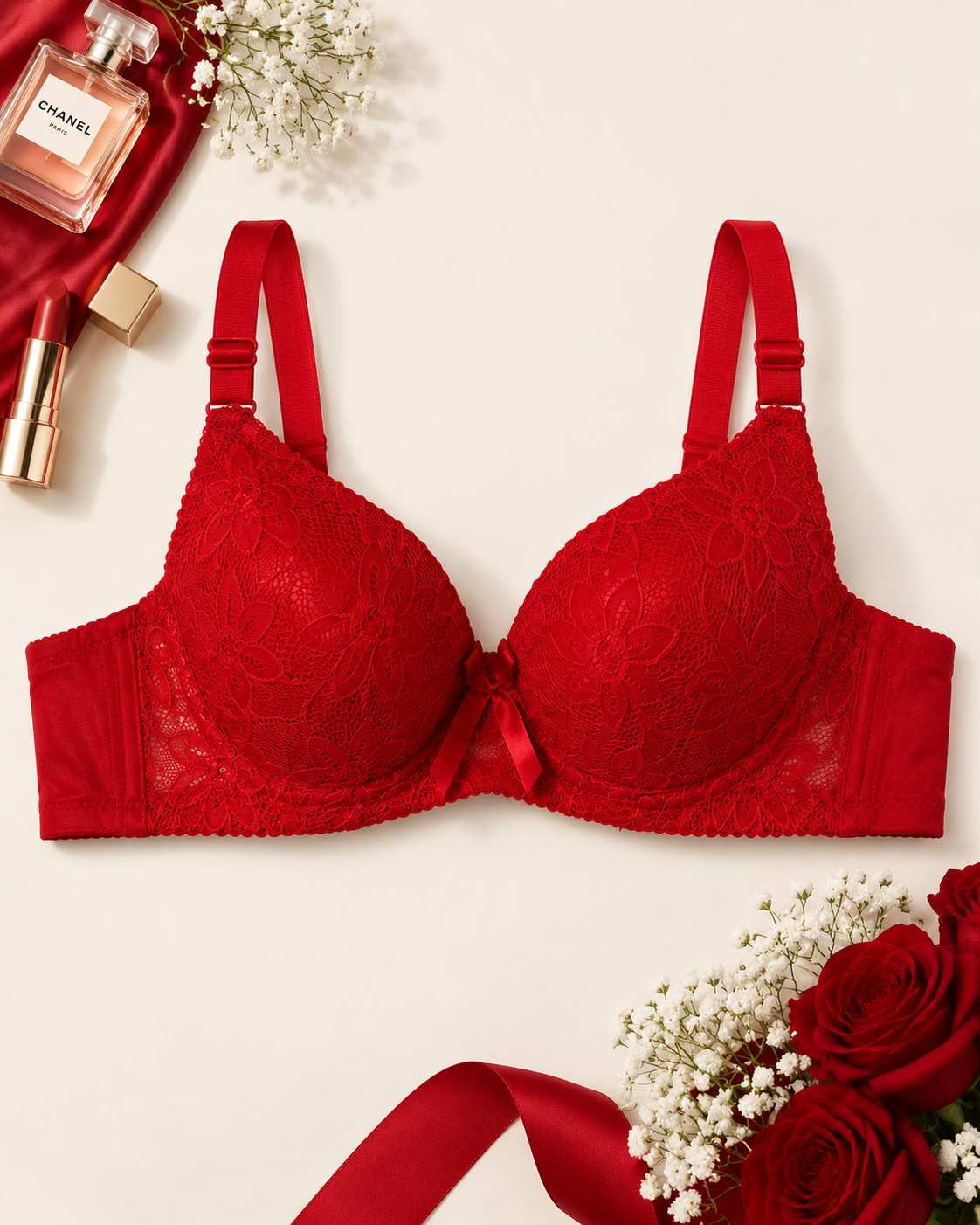 Crimson Red Floral Lace Bra