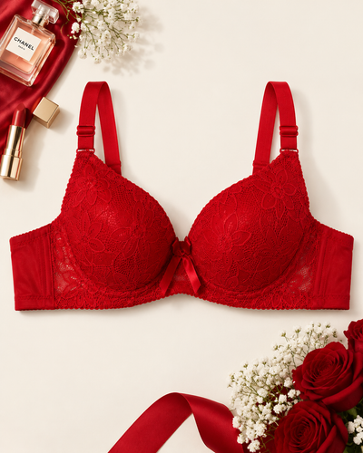 Crimson Red Floral Lace Bra