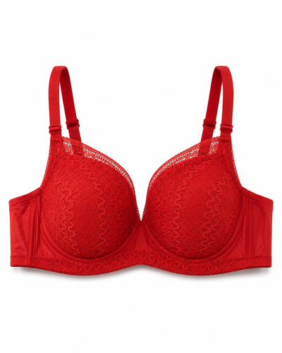 Crimson Red Textured Lace Overlay Padded Push-Up Bra