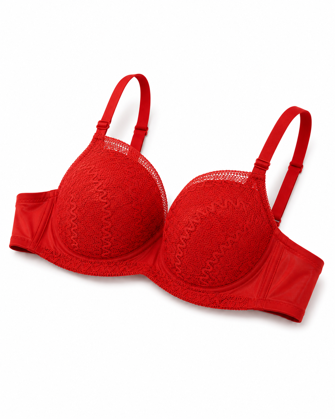 Crimson Red Textured Lace Overlay Padded Push-Up Bra