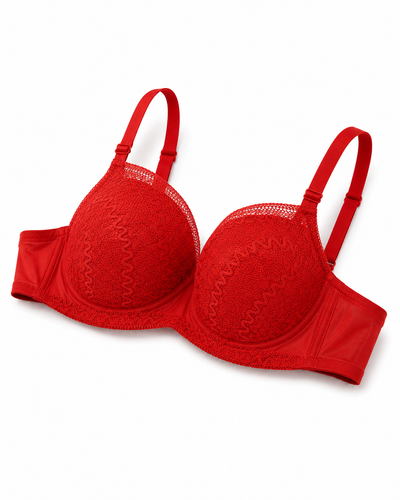 Crimson Red Textured Lace Overlay Padded Push-Up Bra