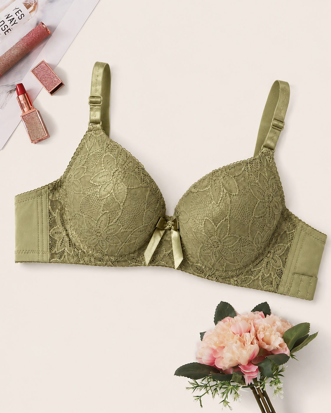 Olive Green Floral Lace Bra
