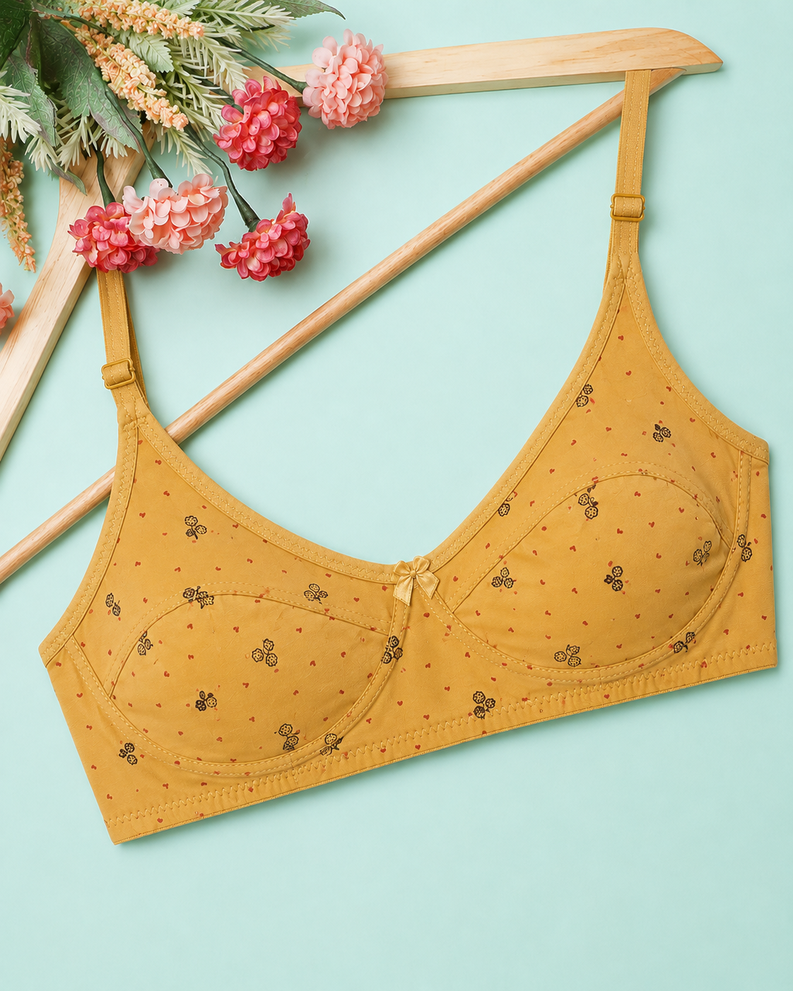 Mustard Yellow Printed Cotton Bra